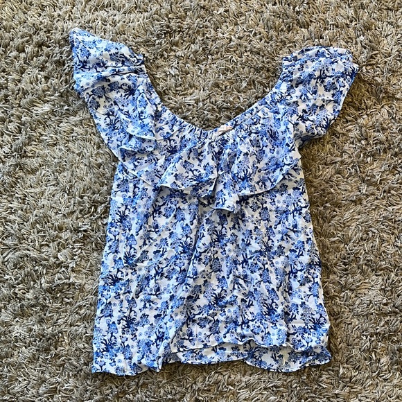 REBECCA TAYLOR Aimee Off Shoulder Blue & White Cotton Floral Top - Picture 4 of 13